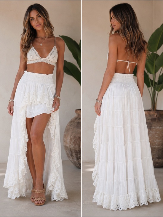 Solitaire Dresses & Skirts - Solitaire High Low Ruffle Cottagecore Tiered Romantic White Peasant Maxi Skirt L